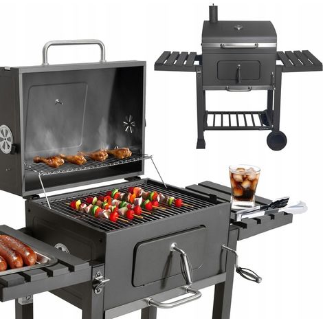 Grand barbecue de jardin au charbon de bois avec grille et couvercle, bac à cendres, thermomètre et ouvre-barbecue. (1/5)