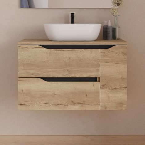 Meuble de salle de bain 80cm avec plateau et vasque à poser centrée Zeus - sans miroir - 2 tiroirs et un placard - madera miel (bois clair) - ZARZA