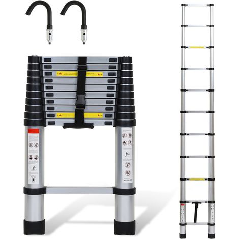 SWANEW Scala telescopica Scala in alluminio multiuso 3.2M Scala Stabile Scala in alluminio fino a 150kg Argento con gancio (1/5)
