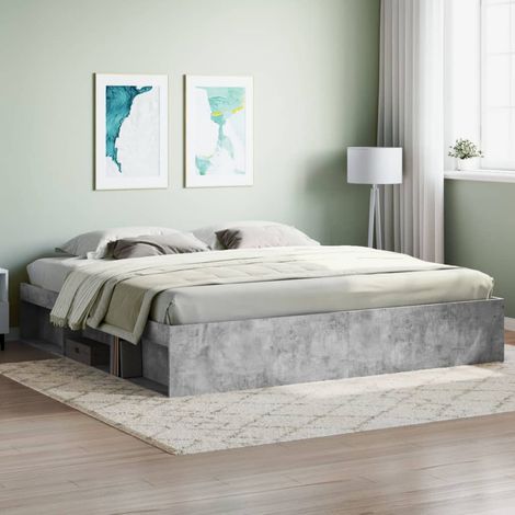Maisonchic – Lit adulte 200 x 200 cm – Cadre en bois d'ingénierie gris béton – 6 compartiments de rangement – Assemblage requis - KSAW43665 (1/6)