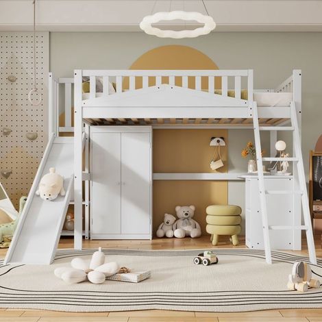 Lit mezzanine enfant - SOGEU - 90x200 - Toboggan intégré - Bureau et armoire - Pin/MDF blanc (1/5)