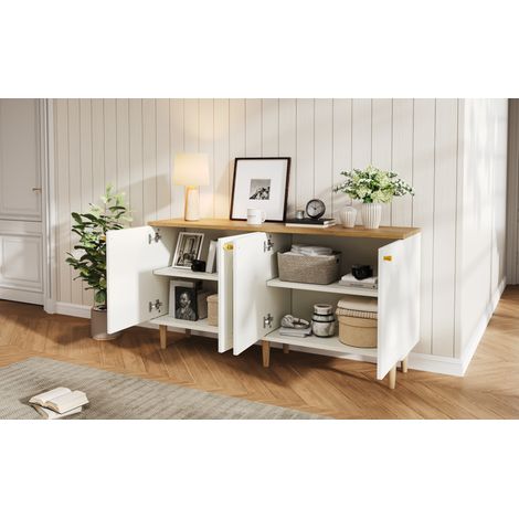 Credenza 140x35x71 cm in MDF bianco e legno, 4 ante, MEUBLIV (1/5)