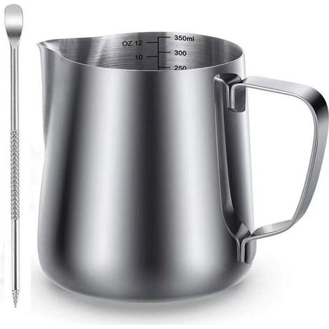 Accessoire pour machine à café, pot à lait de 350 ml, en acier inoxydable 304, avec graduation interne pour faire mousser le lait et préparer des cappuccinos, des jus de fruits ou autres boissons – RA (1/5)