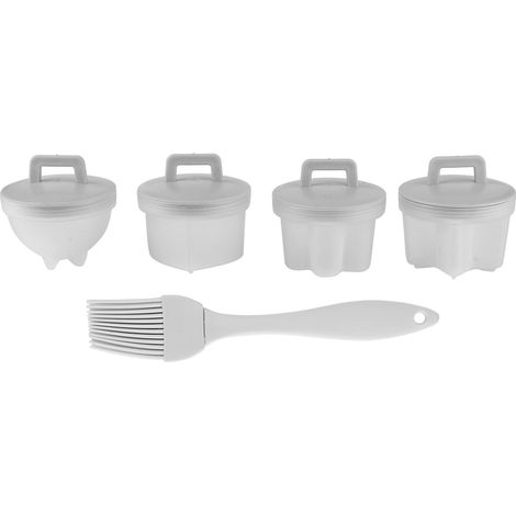4 Moules en Plastique pour Œufs Pochés, Pudding et Cuisson, avec Pinceau à Huile - Accessoire de Cuisine Gris (1/5)