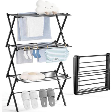 Support de séchage des vêtements, étendoir à linge pliable, séchoir à vêtements à 3 niveaux, séchoir à pull pliable, pour intérieur et extérieur, Noir (1/5)