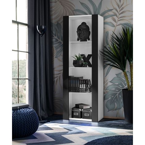 Vitrine armoire Tivoli – Blanc/Noir – 3 étagères en verre – Largeur 55cm x Hauteur 159cm x Profondeur 35cm – Panneaux laminés résistants (1/5)