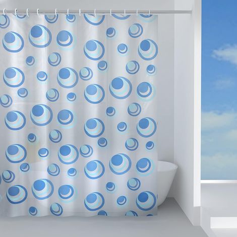1 Rideau De Douche, 120x200 Cm, Tissu Peva, Bleu Clair, Motif Cercles, 12 Anneaux, Salle De Bain