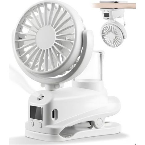 Ventilateur brumisateur à pince (blanc) avec affichage LED, mini ventilateur portable rechargeable, 4 vitesses, pour bureau (blanc)-AquaForge