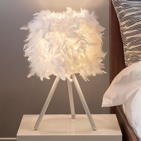 E27 White Feather Lampshade Tripod Table Lamp Fixtures Decor - Warm Light (1/5)
