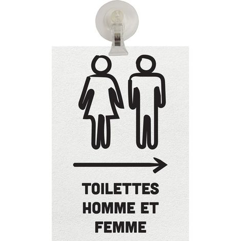 Panneau PVC "TOILETTES HOMME ET FEMME" flèche à droite fond blanc format A5 avec fixation ventouse (1/4)