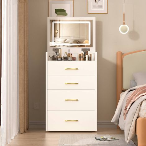Table de toilette 3-en-1 avec miroir rabattable, petit nécessaire de coiffeuse en verre transparent, bureau de beauté compact 3 tiroirs, meuble de maquillage pour chambre, dimensions : 60x40x118 cm