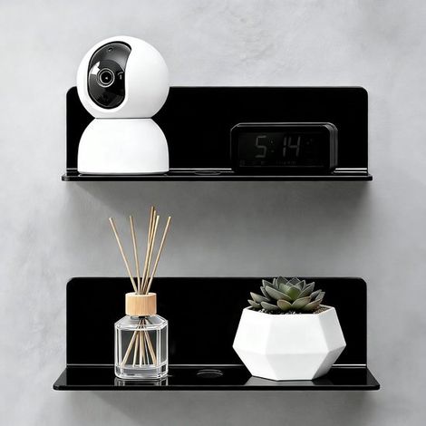 Étagère murale flottante 22,9 cm, tablette de salle de bain avec passe-câble, installation sans perçage, rangement mural pour salle de bain et couloir, noir (1/5)
