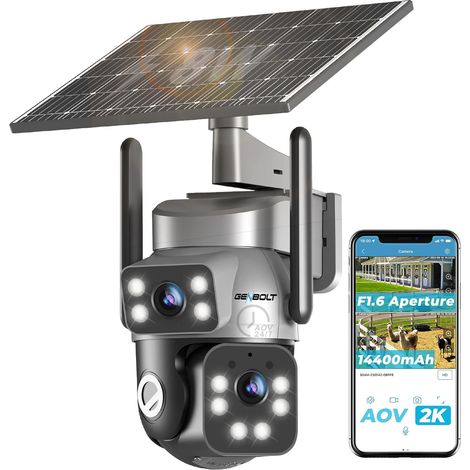 2K 4G Solaire Caméra De Surveillance Extérieur sans Fil, AOV Enregistrement 24/7 3MP+3MP IP SIM Caméra Surveillance Batterie avec détection IA, 8W 14400mAh Caméra CCTV (1/5)