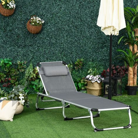 Chaise longue pliante, structure en aluminium, tissu textile, dossier réglable sur 4 niveaux, repose-pieds en plastique, gris (1/5)