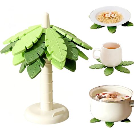 Lot de 4 dessous de plat en silicone vert sapin de Noël, résistants à la chaleur et sans BPA, avec support pour téléphone et protection antidérapante pour table. (1/5)