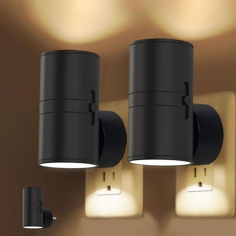 Luz nocturna con sensor de luz, de bajo consumo, luz blanca cálida y suave (3000K), fácil de conectar, juego de 2 piezas, apta para todas las habitaciones, color negro.