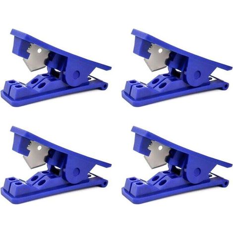 Ein Set aus 4 preisgünstigen Rohrschneidern, geeignet für Silikon-, PVC-, PU- und Nylonrohre, maximaler Außendurchmesser 12 mm, blau.