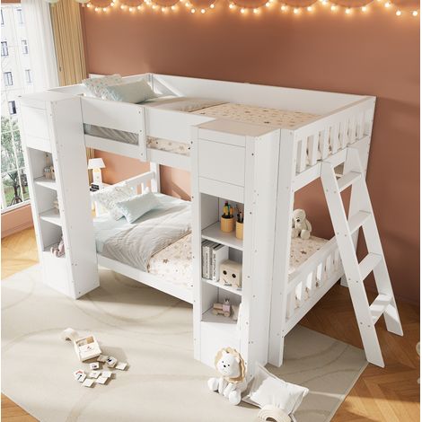 Etagenbett 252x116.5x150 cm weiß aus Massivholz und MDF mit Stauraum, Leiter flexibel montierbar und Rausfallschutz (1/5)