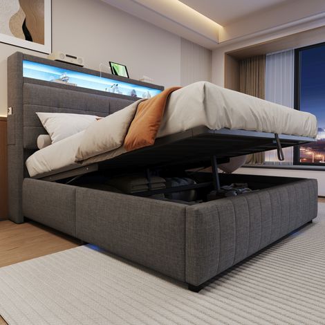 Lit rembourré, en lin, éclairage LED, USB, avec étagères, gris, 160 x 200 cm, pour maison et usage quotidien, tête étagères