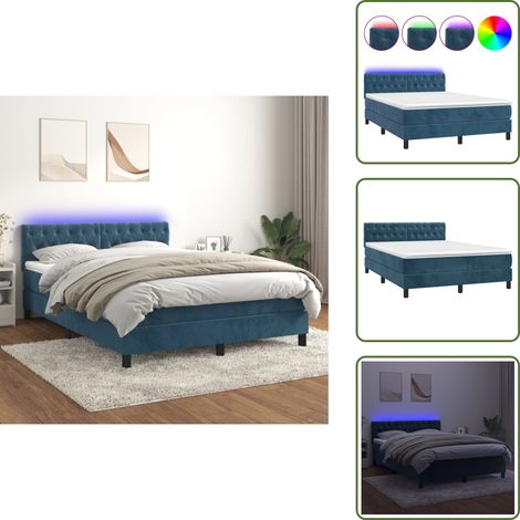 Sommier à lattes de lit avec matelas LED Bleu foncé 140x190 cm - Lit Plateforme - Lit Design - Lit Velours - Lit Avec Led - Lit Double (1/5)