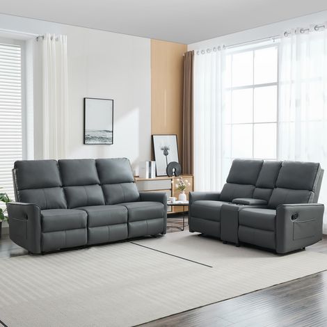 MADRID 2+3 SEATER w CONSOLE MANUAL RECLINER AIR LEATHER SOFA SET GREY (1/5)