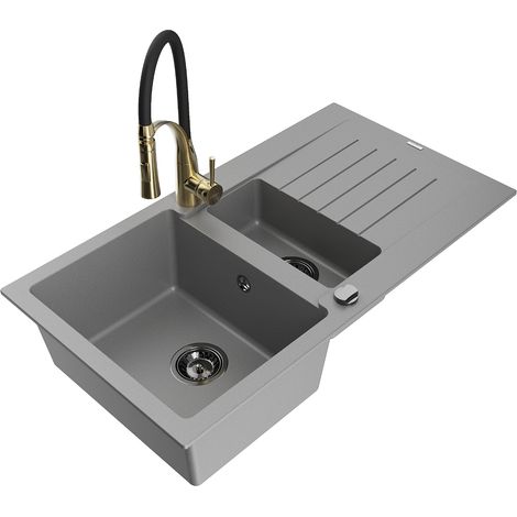 Mexen Matias fregadero de granito de 1,5 cubetas con escurridor y grifo de cocina Aster, gris - 6502-71-73450-57-B (1/5)
