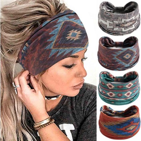 Diadema bohemia para mujer, diadema elástica, cinturón absorbente para yoga y correr, goma para el cabello, accesorios de moda para el cabello, juego de 4 diademas para niñas (1/5)
