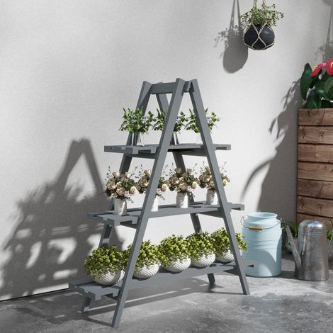 Étagère pliante 100x36x112 cm gris pour plantes en bois sur 3 niveaux avec cadre en A