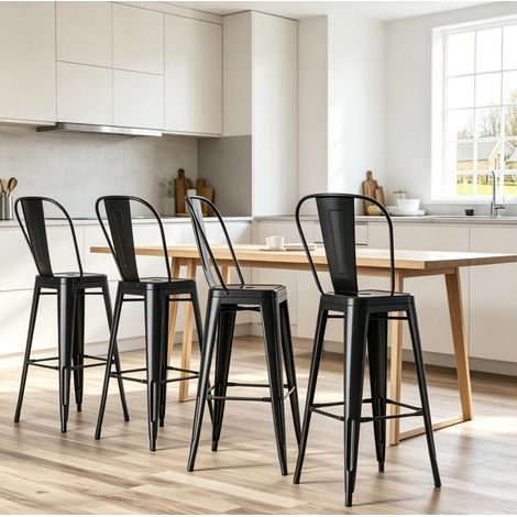 Tabourets de bar empilables en métal époxy noir avec dossier amovible - lot de 4 (1/5)