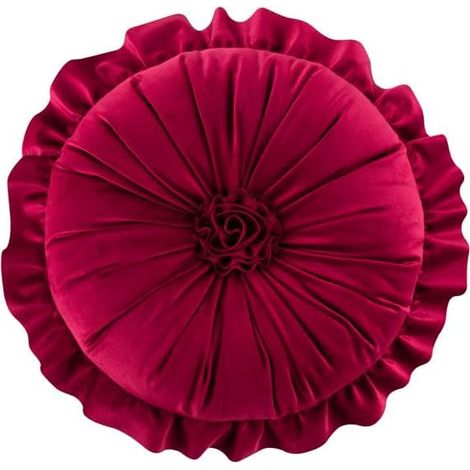 Cojín redondo floral de 35 cm, cojín redondo con volantes, almohada de suelo para sala de estar, sofá, cama, silla, coche, decoración del hogar (rojo vino) (1/5)