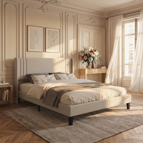 Lit double 160 x 200 cm - Tête de lit capitonnée en forme d'aile - Cadre de lit en tissu - Sommier à lattes - Conception silencieuse - Espace de rangement sous le lit