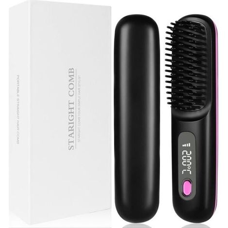 (Noir)Brosse Lissante Pour Cheveux,Lisseur Cheveux Sans Fil Portable Mini Lisseur Cheveux Brosse avec ÉCran 3 Température Réglable,Noir (1/5)