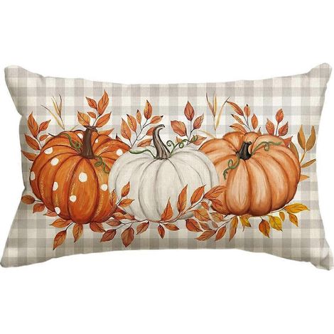 Housse de coussin à carreaux citrouille d'automne 30 x 50 cm, motif feuilles d'automne, décoration automnale pour canapé, orange 50 x 30 cm (1/5)