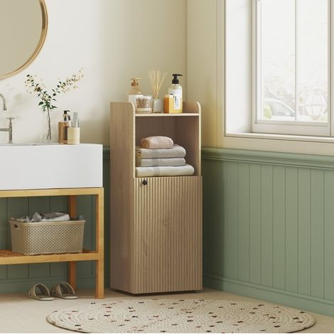 Mueble de baño de madera color roble 40 cm con armario, estante abierto y balda ajustable (1/5)