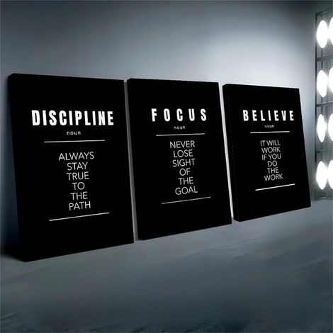 Lot de 3 affiches minimalistes en noir et blanc avec DISCIPLINE FOCUS BELIEVE Décoration murale inspirante pour bureau, cabinet de travail et chambre 21x30cm (1/5)