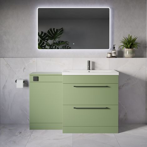 Napoli 390 Olive Green 1300mm 2 Drawer Vanity Unit Toilet Suite with Glide Basin - 1300mm - Gunmetal Grey 480mm HandleWithout Kingston Toilet Pan