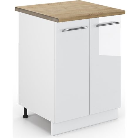 Mueble bajo de cocina Fame-Line, Blanco alto brillo, 60 cm , ET Roble, Vicco