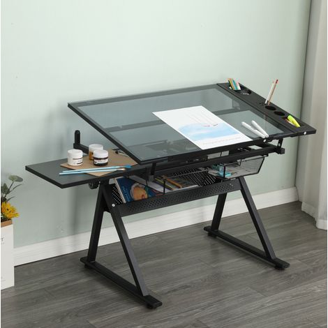 Mesa de dibujo de MDF y vidrio templado negra inclinable con taburete (1/5)