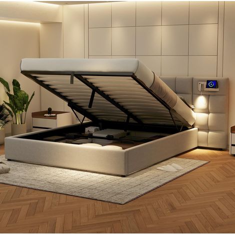 lit adulte rangement 180x200 lin gris USB eclairage OKMYHOME (1/5)