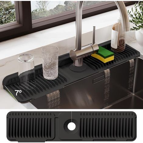 Tapis de robinet en silicone de 61 cm pour évier de cuisine et protection anti-éclaboussures – Protection de comptoir pour recueillir les déversements (noir, 61 cm x 14 cm) (1/5)