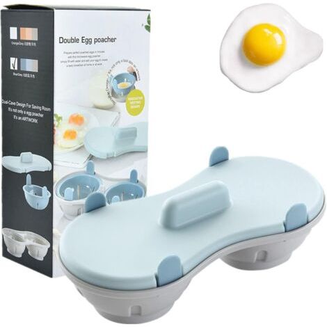 Pocheuse à œufs - Ensemble de chaudière à œufs en silicone comestible à 2 cavités, double coquetiers pour œufs durs, bleu (1/4)