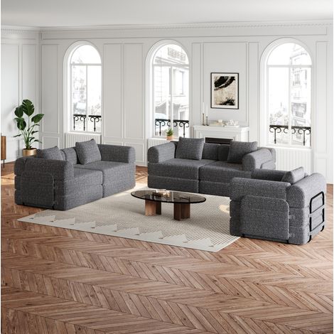 Divano letto 2 in 1 in ciniglia grigia con contenitore bracciolo, struttura in metallo DESVIAE (1/5)