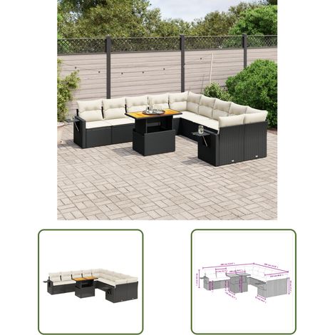 The Living Store 11-tlg. Garten-Sofagarnitur mit Kissen Schwarz Poly Rattan - Gartenmöbel - PE-Rattan Möbel - Outdoor-Set - Lounge Set - Terrassenmöbel (1/3)