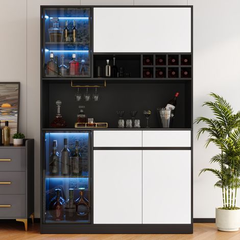 Vetrina alta 120x35x180 cm in MDF nero e bianco con LED e portabottiglie - MEUBLIV (1/5)