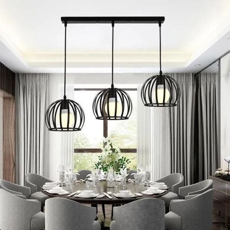 3 Tete Lustre Suspension Luminaire Cage en Fer Noir Moderne Lampe Suspension Intérieur Industrielle pour Cuisine Salon (1/4)
