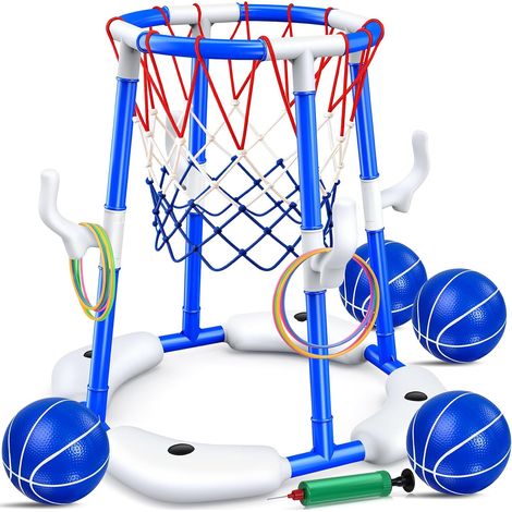 Panier Basket Piscine 2 en 1, Jeux Piscine pour Enfants, 4 Ballons Flottants + 12 Anneaux + Pompe, Jouet Piscine d'Été pour Famille, Jeu d'Eau Extérieur/Intérieur pour Fête de Piscine (1/5)