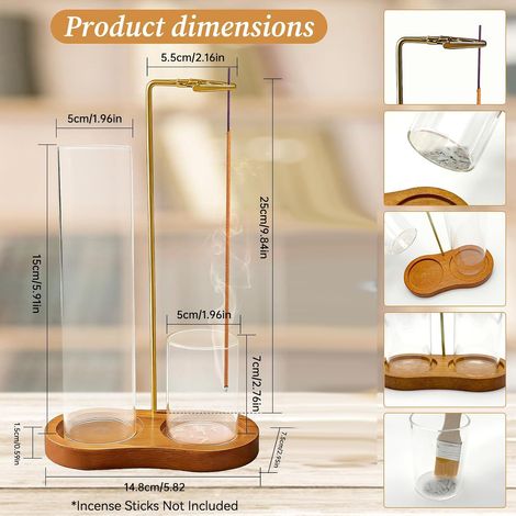 Porte-encens en bois avec récupérateur de cendres en verre pour bâtonnets d'encens - design vertical - récupérateur de cendres propre - convient aux bâtonnets d'encens - idéal pour le yoga et la médit (1/5)