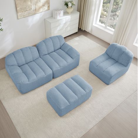 Sofá esquinero modular en L de 3 plazas con 1 otomana, espuma 32D, tejido azul REDOM (1/5)