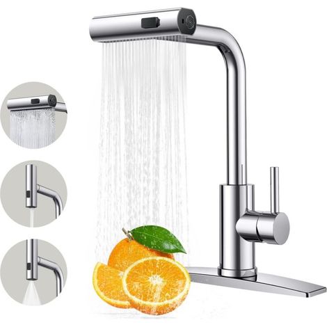 Kitchen faucet. Kitchen faucets with pull-out sprayer. Stainless steel kitchen sink faucet. 3-in-1 function. (1/5)