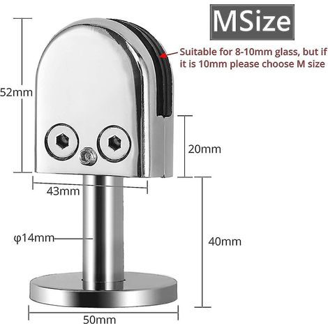 Pinces à verre (lot de 4) en acier inoxydable 304, support de verre réglable, pince pour étagère en verre de 10 mm, support pour panneaux de verre avec tige de 40 mm pour escalier. (1/4)